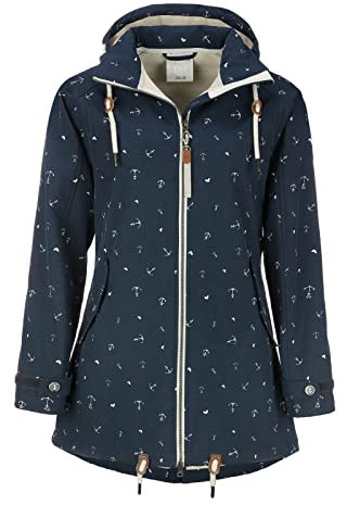 Dry Fashion Damen Softshell-Mantel Plön mit Allover-Print Anker - Softshelljacke Outdoorjacke mit Fleece-Innenfutter in Navy-Melange Größe 44