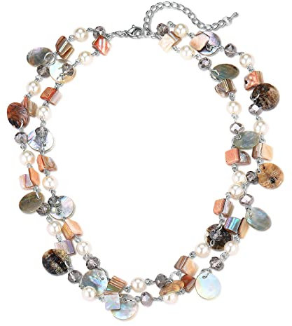 FULU AUTUMN Donne Collana di Conchiglie in Argento a Strati Collane Bohémien Corte Collana Girocollo con Perline Turchesi Regali Compleanno(Natural)
