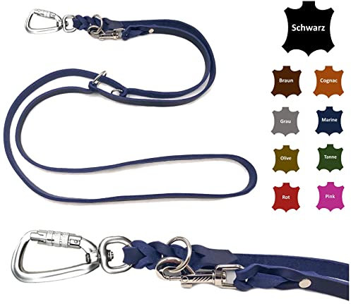 Hundeleine Fettleder mit Sicherheitshaken + Edelstahlringe/Hundeleine große Hunde/Hundeleine Leder bis 100Kg (Marineblau, 2,80m)