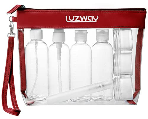LUZWAY Trousse de Toilette Transparente + 8 Bouteilles Vide de Voyage pour Liquides(Max.100ml), Kit de Voyage pour l’Avion,Set de Voyage dans Bagages à Main, Sac Cosmétiques pour Hommes et Femmes