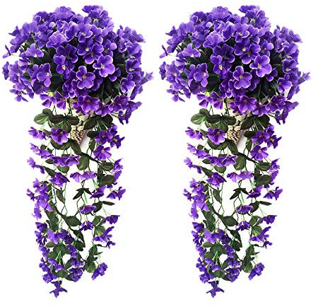 Sfit 2 Stück Künstlich Hängende Blumen, Veilchen Hängende Kunstblumen, Violette Blumen, Künstliche Hängepflanzen Hängend Girlande Seidenblumen Plastikblumen für Outdoor Garten Hochzeit Wand Dekoration