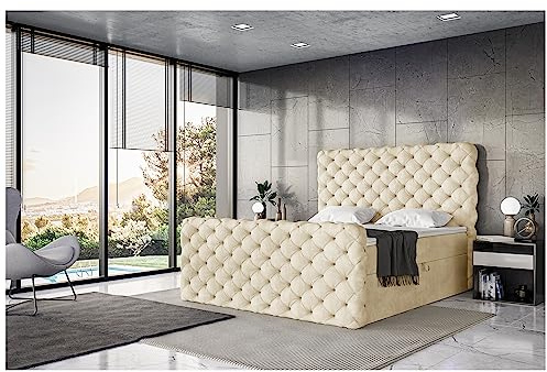 MEBLINI King Boxspringbett mit Bettkasten - Gepolstert Doppelbett mit Matratze und Topper - Polsterbett mit Stauraum - Bett mit Kopfteil - Stauraumbett - Duke - 180x200 - H4/Beige Samt