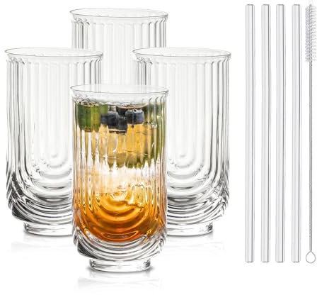 INSETLAN Art Deco Gläser mit Glasstrohhalmen | 410ml 4er Set Vintage Cocktailgläser, Longdrinkgläser | Spülmaschinenfest | Ideal für Cocktails, Eiskaffee, Saft, Wasser | Zuhause, Bars, Cocktail Partys