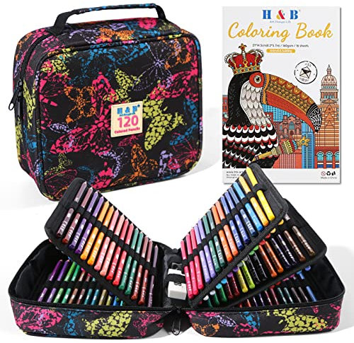 H & B Lápices de colores para adultos, 120 lápices de colores a base de aceite, lápices de colores con libros de colorear para adultos, artistas principiantes