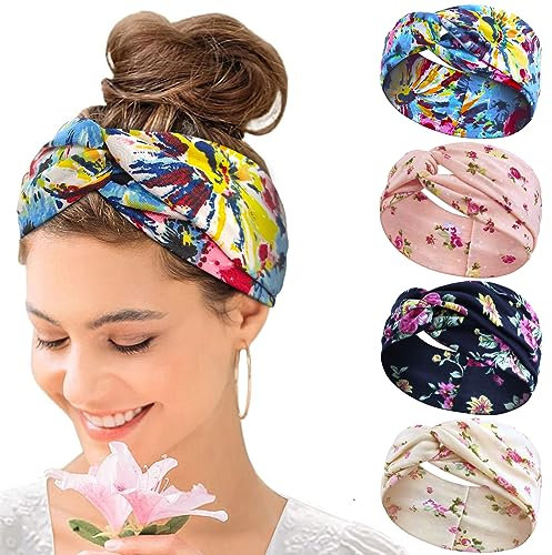 KAVYA 4 Pcs Haarband Damen Boho Elastische Weiche Criss Cross Floral Haarbänder Damen, Nicht Leicht Abzurutschen, Stirnband Damen Geeignet für Alltag Yoga Sport Fitness(G)