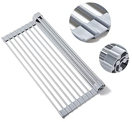 PZiXuaner Escurreplatos multiusos enrollables sobre el fregadero. Escurridor de cocina plegable, barra de acero inoxidable totalmente recubierta de silicona, resistente al calor, estante