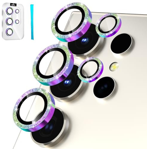 imluckies [3+2 for Samsung Galaxy S24 Ultra Camera Lens Protector, [Bling Diamond] HD Tempered Glass Aluminum Alloy Ring, Back Screen Camera Cover Film for S24u 5G 2024, Glitter Colorful