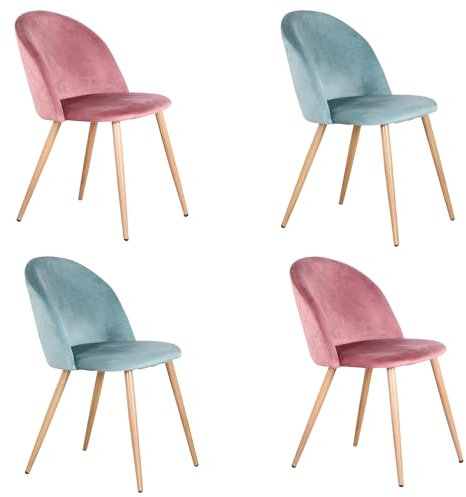 BenyLed Lot de 4 Chaises de Salle à Manger Rembourrées avec Dossier en Velours Doux et Pieds Réglables en Métal Style Bois (Rose+Vert)