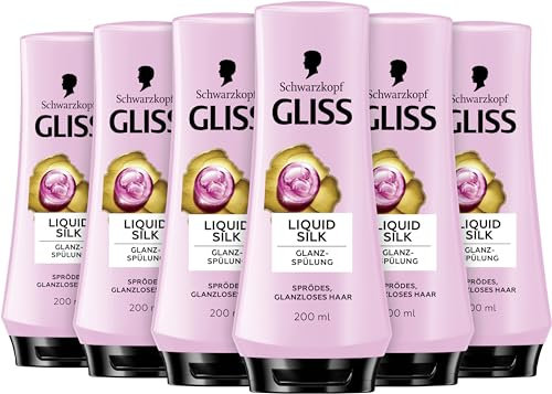 Gliss Spülung Liquid Silk (6 x 200 ml), Haarspülung mit Ceramide & Seide pflegt sprödes und glanzloses Haar intensiv, Pflegespülung für Haare wie Seide