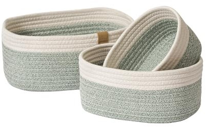 LA JOLIE MUSE Woven Storage Baskets for Organizing, Small Felt and Jute Wicker Basket for Bathroom Shelve Nursery, Decorative Basket Organizer Bins Set of 3, green