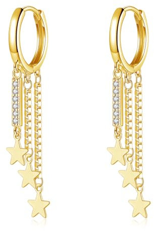 Loutade Creolen Ohrringe - 925 Sterling Silber Hängend, Gold Flach Stern Quaste Baumeln, Knorpel Schlafen Gold Threading Lange Silber Kette