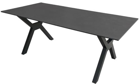MR. DEKO® Gartentisch Granada XL Dark Grey | Tisch mit gesinterter Steinplatte 200 x 90 x 76 cm (LXBxH) | Schwarzes X-Bein Tischgestell aus Aluminium | Keramikplatte für Outdoor bis 8 Personen
