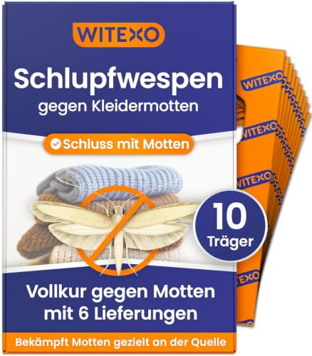 Witexo Schlupfwespen gegen Kleidermotten, 10 Träger, 6 Lieferungen | 12 Wochen Komplettkur gegen Kleidermotten in Schrank, Kleidung und Textilien
