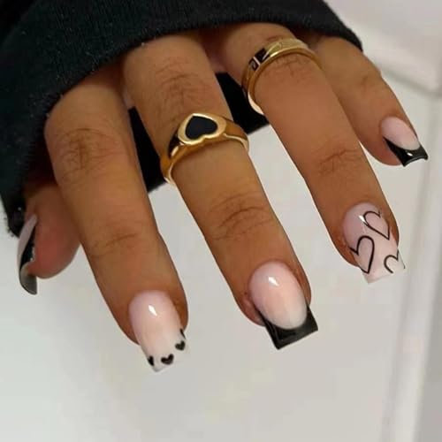 Hebterrka Lot de 24 ongles courts et carrés en acrylique noir avec motif cœur blanc pour une couverture complète
