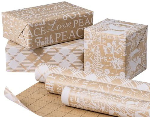 RUSPEPA Weihnachts-Geschenkpapierrolle aus Kraftpapier – 43,2 cm x 3 m pro Rolle, insgesamt 3 Rollen – weißer Weihnachtsmann, Text und Karo