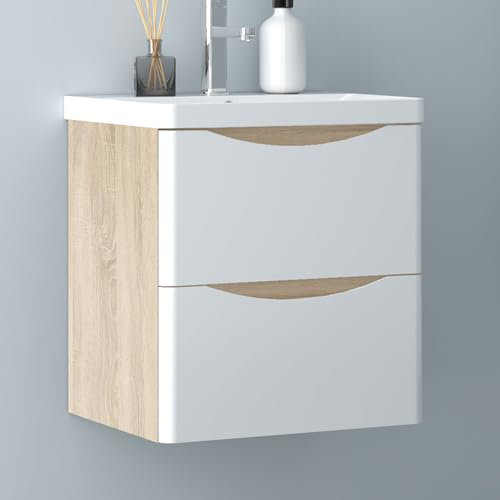 Biubiubath Eiche Weiß Badezimmerschrank 50cm Mineralgusswaschbecken mit Unterschrank Badmöbel-Set 2 Soft-Close Schubladen Hängend