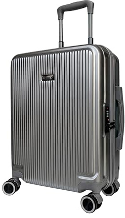 Valigia Trolley Cabina, Bagaglio a mano 55x40x20 cm, Rigido in ABS+PC, 4 Ruote Doppie Silenziose girevoli, con carrello in Alluminio e Lucchetto incassato. (Argento)