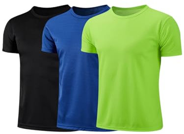 Fldy Kinder Jungen Sport T-Shirt 3er Set Schnelltrocknend Atmungsaktiv Sportshirt Kurzarm Teamsport Multisport Training Shirt Top Schwarz&Königsblau&Neongrün 116-122