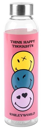 United Labels SmileyWorld Trinkflasche 500 ml, Pink, Smiley Flasche, Wasserflasche aus Glas, Glasflasche für Sport und Arbeit