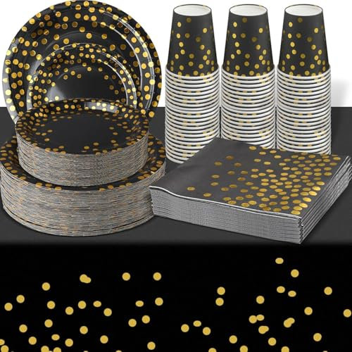 201PCS Black and Gold Party Supplies, Disposable Paper Dinnerware Set Include Golden Polka Dots Plates and Cups, Napkins, and Plastic Tablecloth for Birthday Party Wedding Baby Shower Decorations