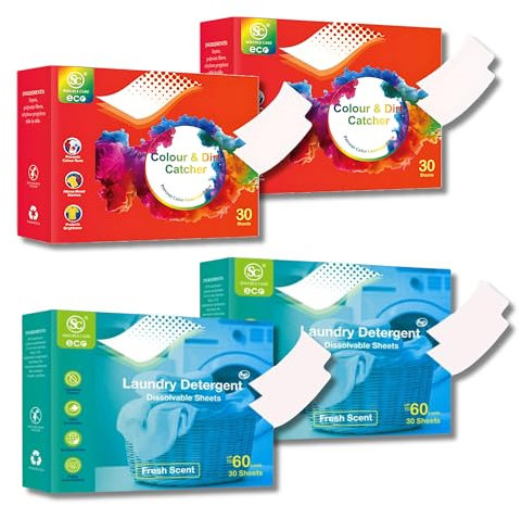 Eco-Friendly Laundry Detergent 60 Sheets (Up to 120 Washes) with Colour & Dirt Catcher 60 Sheets, Enhances Laundry Efficiency, Protects Colours, Saves Time, Water and Electricity