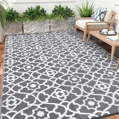 Enyhom Outdoor Teppich für Patio, 240 x 300 cm Grau Robuster Handgefertigte Kunststoffteppich Wasserfest RV Camping Leichtgewicht Waschbar Garten Teppich für Balkon Picknick Strand BBQ