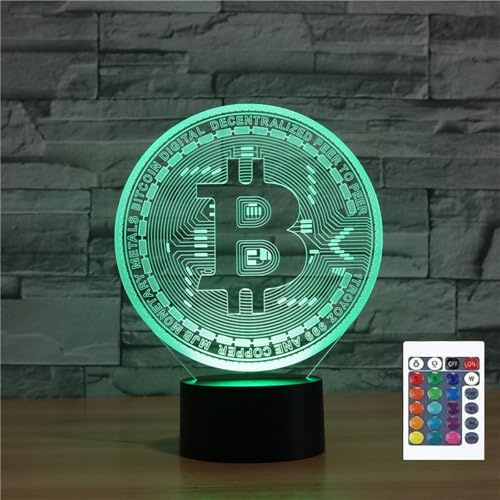 FLRXHK Bitcoin 3D Illusion Night Light Touch Table Desk Lamp with Remote Control 16 Colors Optical USB LED Night Light for Kids Gift Room Decoration
