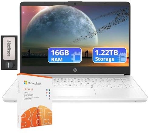 HP Flagship 14 HD Laptop with Free AI-Powered Microsoft 365 | 16GB RAM | 1.22TB Storage(64GB EMMC & 160GB Docking Station Set & 1TB Cloud Storage) | Intel 4-Core Processor | Webcam | Win 11s | White