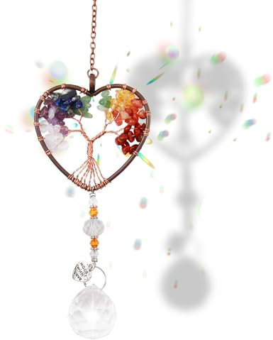 Glass Suncatcher, Heart Shaped Healing Crystals Pendant Rainbow Maker Tree of Life Hanging Ornament Colorful Light Catchers Car Window Hanging Accessories for Christmas Indoor Garden Decoration