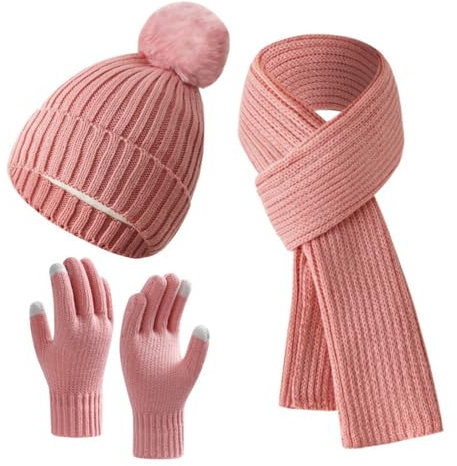 TEPPOIC Winter Beanie Mütze Schal Handschuhe Set für Frauen, Wolle Spinnerei stricken Beanie Damen Mützen Schals und Handschuhe 3-Sets (Pink-A)