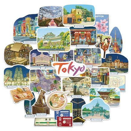 Navy Peony Metropolitane Tokio-Reiseaufkleber (28 Stück) – Handillustrierte, Japan Nacht-Themen Urlaubssticker für Tagebücher, Scrapbooks und Gepäck