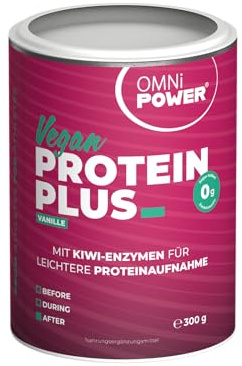 OMNi POWER Protein Plus | Vanille | 300 g | 24 g Protein pro Portion | Pulver | Veganes Proteinpulver mit Kiwi-Enzymen | Ohne Zuckerzusatz