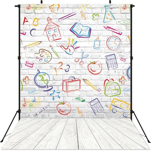 Back to School Backdrop White Brick Wall Colorful Hand Painted Pencils Photography Background Kids Birthday Classroom School Decorations Background (6X8FT (180x240cm))