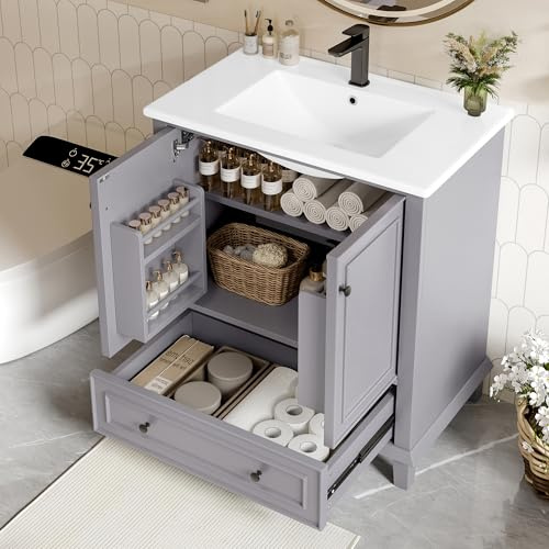 76 x 46 x 87 cm Armadietto da pavimento con lavabo, lavabo, gambe in legno massello, verniciatura completa, impermeabile e impermeabile, ampio spazio di archiviazione, lavabo in ceramica integrato