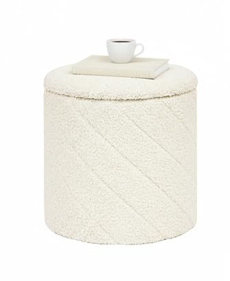 Bonlife Runder Hocker Ottoman mit Stauraum, Klappbarer Hocker mit Deckel, Boucle Frisierhocker für Wohnzimmer, Schlafzimmer, Eingangsbereich, Creme, 33x33x35cm