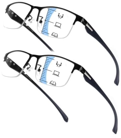 Hubeye Gleitsichtbrille Progressive Multifokus Lesebrille für Herren und Damen Metall Halbrahmen Multifokalbrille Leicht und Flexible Blaulichtfilter Brillen (Schwarz+Schwarz, 2.50)