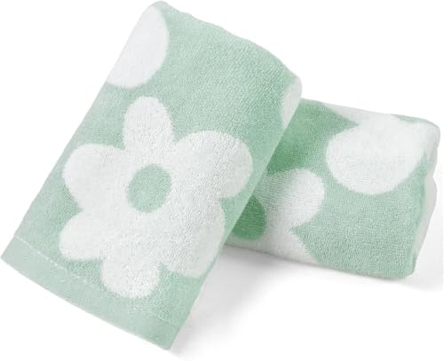 Aoipend Handtücher mit Blumenmuster für Badezimmer, Baumwolle, 33 x 71 cm, weich, dekorativ mit niedlichen Gänseblümchen-Drucken, für Gästezimmer, Küchendekoration, Staubblau (Helles Meeresschaum), 2