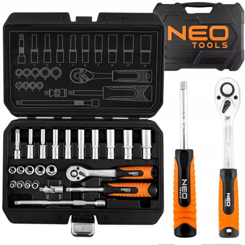 NEO TOOLS Steckschlüsselsatz 1/4 Zoll 23-teilig, Ratschenkasten Set aus CrV | Stahl, 72T Knarre, Kurze & lange Nüsse 4-13mm, Verlängerung, Profi Werkzeugkoffer, DIY