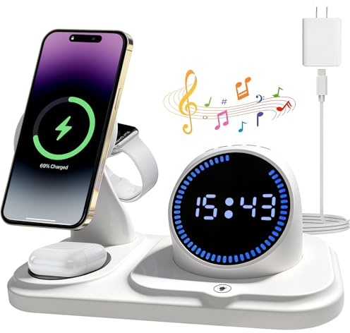 6 in 1 Caricatore Wireless per iPhone con Altoparlante Bluetooth,Stazione di Ricarica Rapida per iPhone 17/16/15/14/13/12/11/Pro/Max/Plus, per Apple Watch ed AirPods