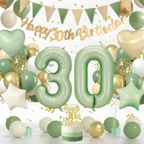 Deko 30 Geburtstag Frau, 30 Geburtstag Deko Mann, 30 Geburtstag Frauen | SalbeigrüNe Geburtstagsdeko 30 Luftballon mit Happy Birthday Banner, 30.Ter Geburtstag Dekoration, Party Dekoration Frau