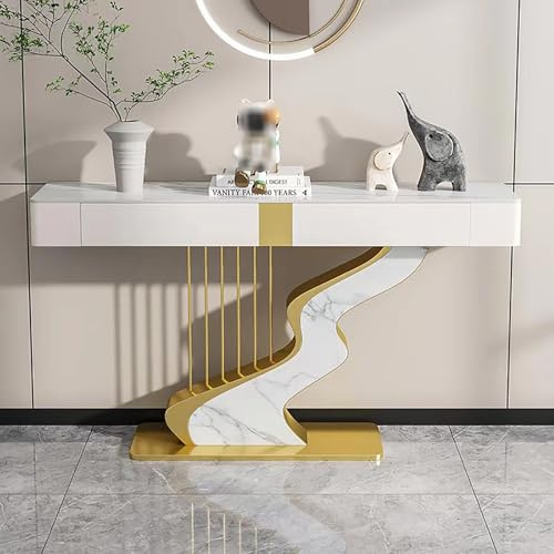 Table Console Demi-Lune Étroite avec Tiroirs de Rangement, Table d’Entrée Moderne Plateau Effet Pierre, Table Derrière Canapé Étroit, Meuble d’Accent Style Marbre pour Couloir(Gold b,L140CM/55IN)