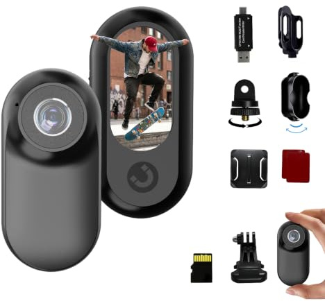 fceoul Mini Action Cam 1080P Telecamera Portatile, Ultraleggera 26g con Schermo 1.0, Body Cam Magnetica, Scheda di memoria inclusa e Accessori, Telecamera Casco per Bici, Moto, Vlog, Animali (Nero)