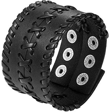 JewelryWe Punk Breit Lederarmband Herren: 4cm Breit Schwarz Geflochten Leder Armband mit Druckknopf Verstellbar Gothic Biker Rock Manschette Armreif Halloween Armschmuck Geschenk für Männer