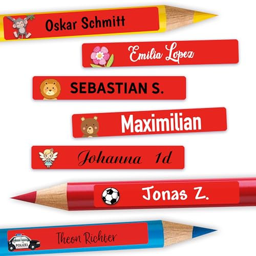Sunnywall® Namensaufkleber Kinder – Stifteaufkleber personalisiert für Schule & Kita, ideal für Stifte & Schulsachen, wasserfest & spülmaschinenfest, extra starker Halt (Rot)