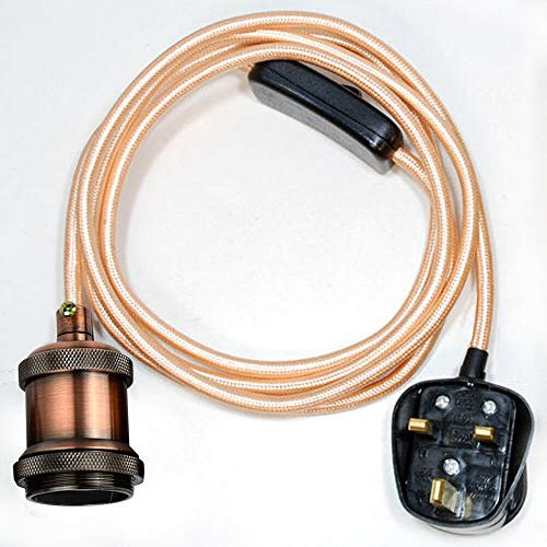 LEDSone Yellow Brass Vintage Metal Ceiling Pendant Light Fitting, Gold Twisted Braided Flex 2m Cable, E27 Lamp Holder Suspended Pendant Light Fitting Kit for Indoor Lightings (Rose Gold))