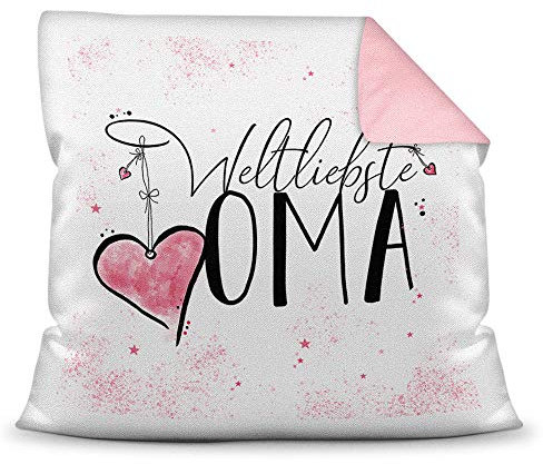 Familie-Kissen mit Spruch für die Weltbeste Oma - Kissenbezug inklusive Kissen/Verwandte/Geschenk-Idee/Liebling/Kinder/Farbkissen Rückseite Altrosa