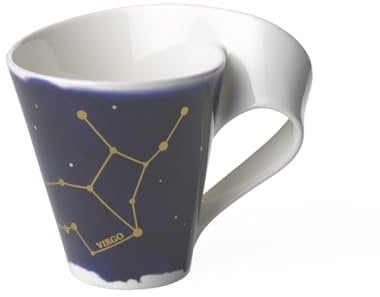 Villeroy und Boch - NewWave Stars Becher mit Henkel, formschöne Tasse mit Jungfrau-Motiv, Premium Porzellan, spülmaschinengeeignet, weiß/blau, 300 ml