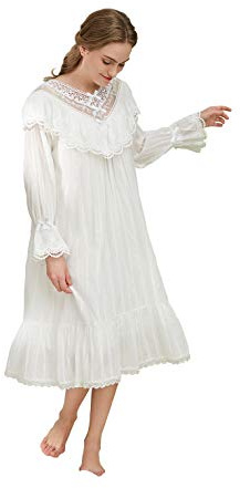 QIKEGooods 100% Cotton Victorian Nightgown Ladies Long Sleeve Nightdress Women Pajamas Sleep Shirt
