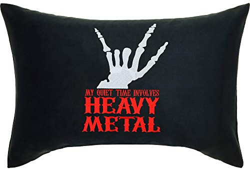EXPRESS-STICKEREI Heavy Metal Dekokissen mit Spruch My Quiet time Involves Heavy Metal | Dekoration Kissen mit Füllung Rocker Autokissen Bestickt Zierkissen Biker Geschenk | schwarz | 40x60cm