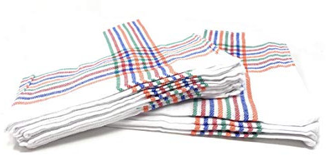 12 Paños de Cocina Sarga, Fabricados en Algodón Especial para Vajillas, Absorbentes, Suaves y Duraderos, 55 x 55 cm, Diferentes Modelos y Colores, Hechos en España (Blanco con Rayas Multicolor Liso)